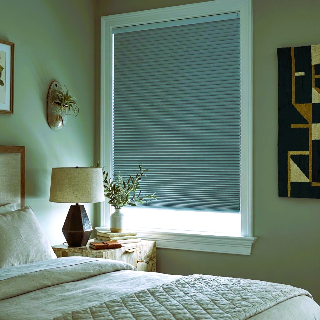 Modern bedroom with slate blue blackout cellular shades on window